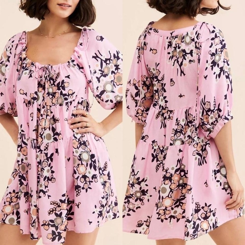 Anthropologie Kinga Csilla Liberty Floral Babydoll Mini Dress‎ Pink Boho L